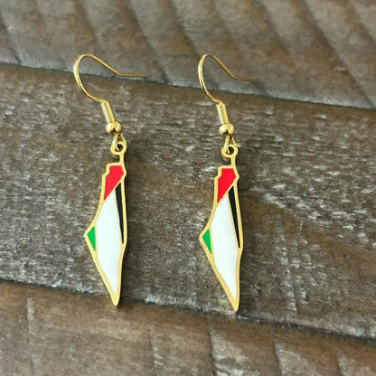 Palestine Map Draped in Flag Jewelry Set - Gold-Plated Necklace & Earrings with Red Green and White Colors