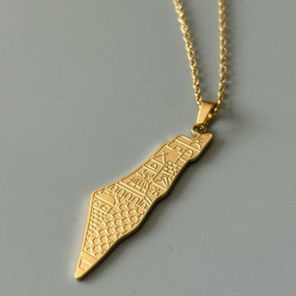 Palestine Map Necklace with Etched Palestinian Cities Design