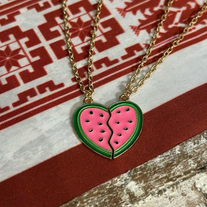 Matching Watermelon Heart Friendship Necklace Set. Split BFF Heart Jewelry