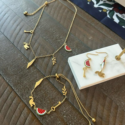 Palestine 5 Charms Necklace Earrings & Bracelet Set Watermelon Dove Olive Branch Key of Return Symbols Jewelry for Cultural Events & Daily Wear