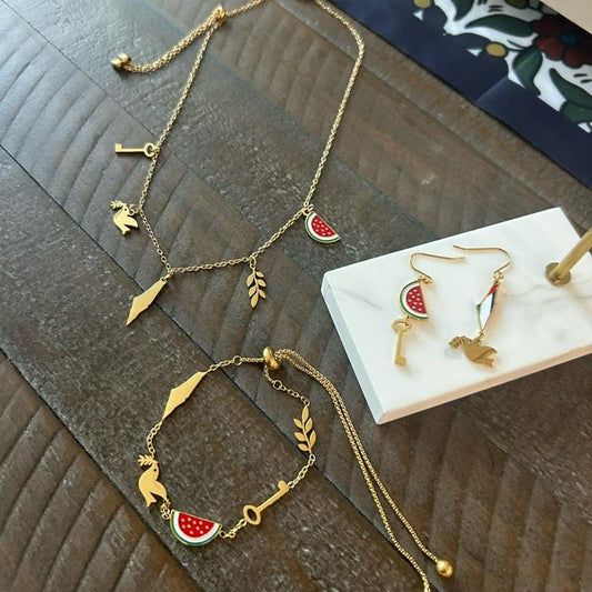 Palestine 5 Charms Necklace Earrings & Bracelet Set Watermelon Dove Olive Branch Key of Return Symbols Jewelry for Cultural Events & Daily Wear