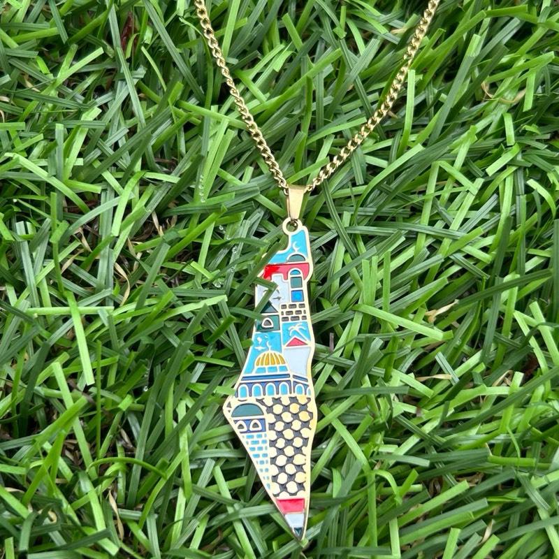 Colorful Palestine Map Necklace with Landmarks & Culture