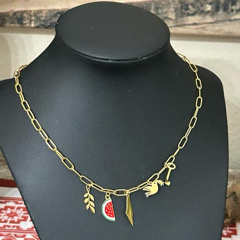 Palestine Paperclip Charm Chain Necklace with Olive Branch Watermelon Slice Map Dove & Key Charms