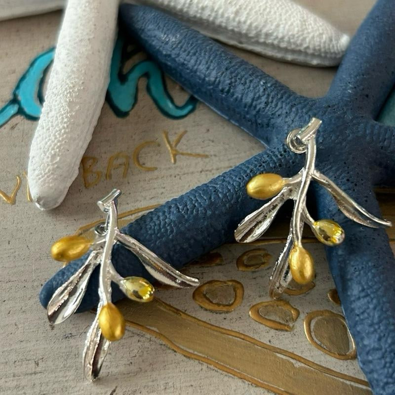 Olive Branch Earrings - Gold Accents and Silver Branch Design