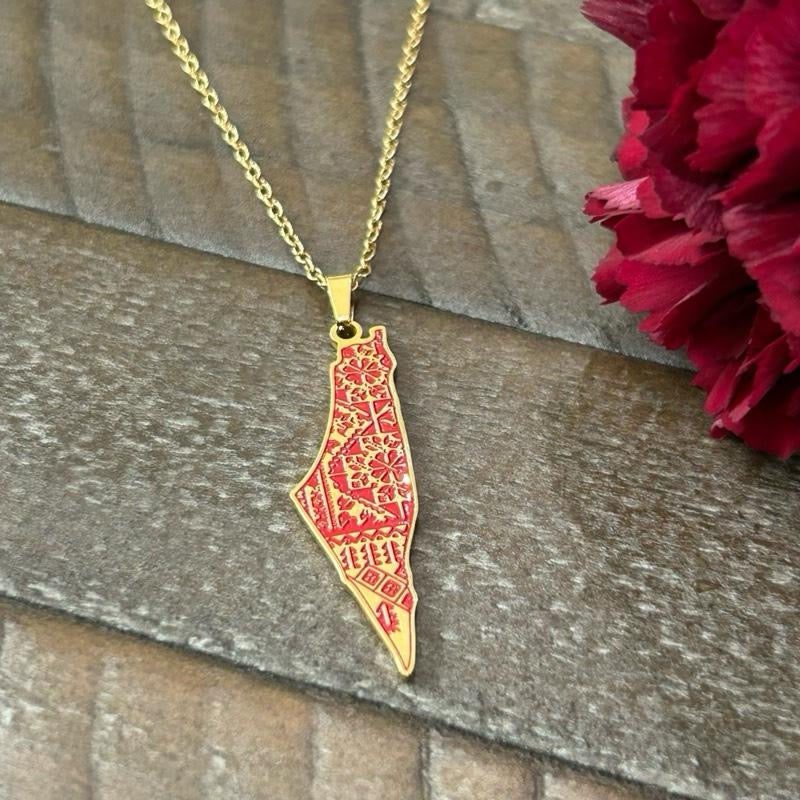 Palestine Map Necklace and Earring Set with Red Tatreez Pattern