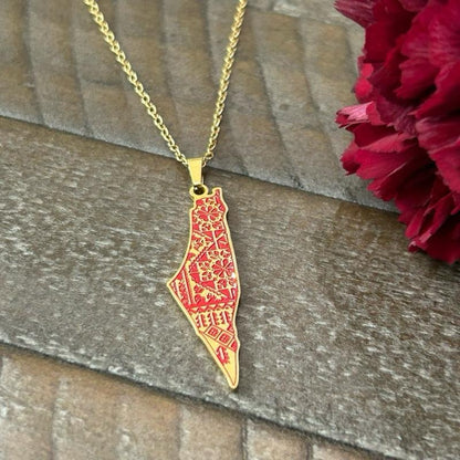 Palestine Map Necklace and Earring Set with Red Tatreez Pattern