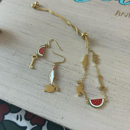 Palestine 5 Charms Necklace Earrings & Bracelet Set Watermelon Dove Olive Branch Key of Return Symbols Jewelry for Cultural Events & Daily Wear