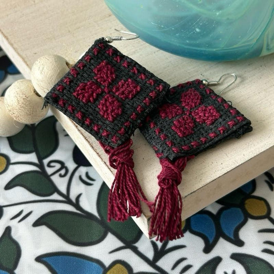 Handmade Palestinian Tatreez Earrings – Made in Palestine Maroon Floral Embroidery