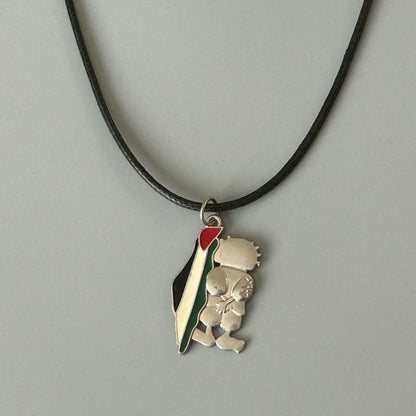 Handala & Palestine Flag Map Necklace Made in Palestine - Unique Design on Black Cord