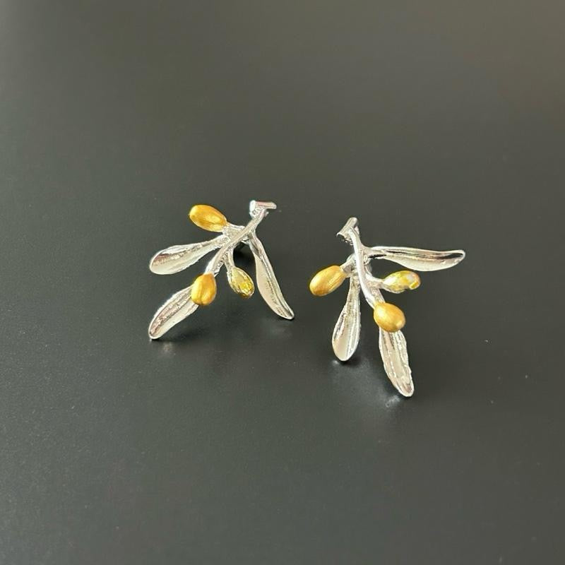 Olive Branch Earrings - Gold Accents and Silver Branch Design