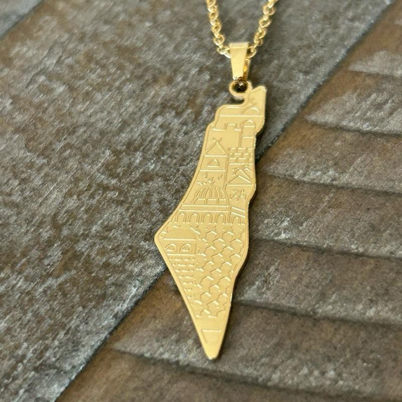 Palestine Map Necklace with Etched Palestinian Cities Design