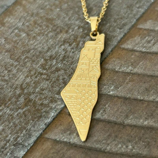 Palestine Map Necklace with Etched Palestinian Cities Design