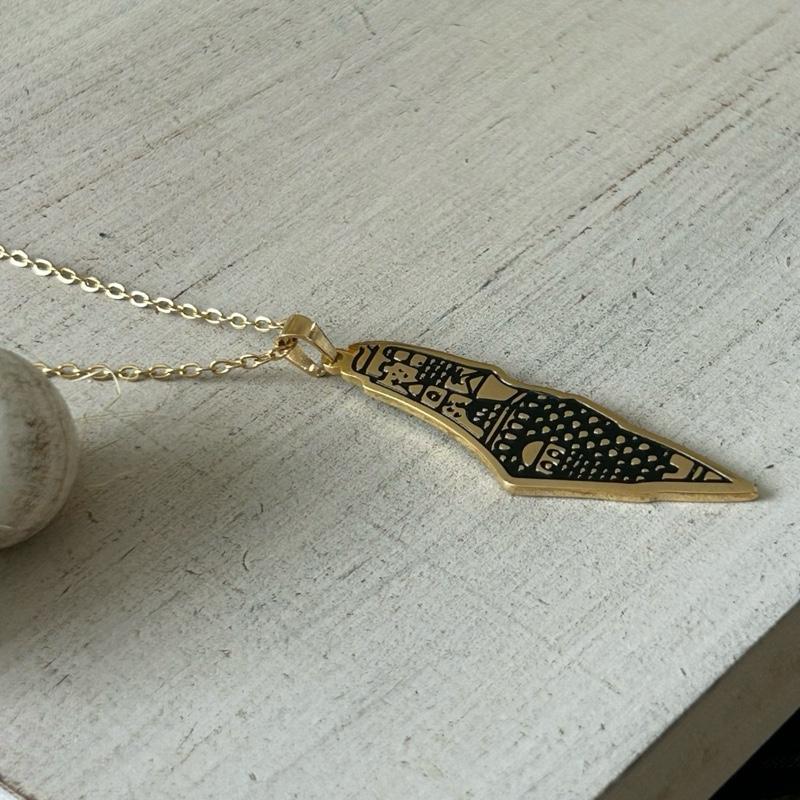 Palestine Map Necklace Gold Plated Outline with Historic Architecture Unique Design
