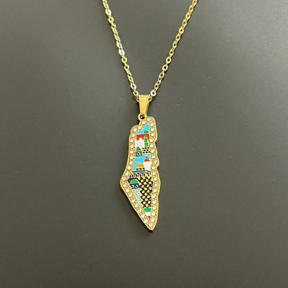 Palestine Cities Necklace Adjustable Cultural Landmark Pendant with Colorful Map
