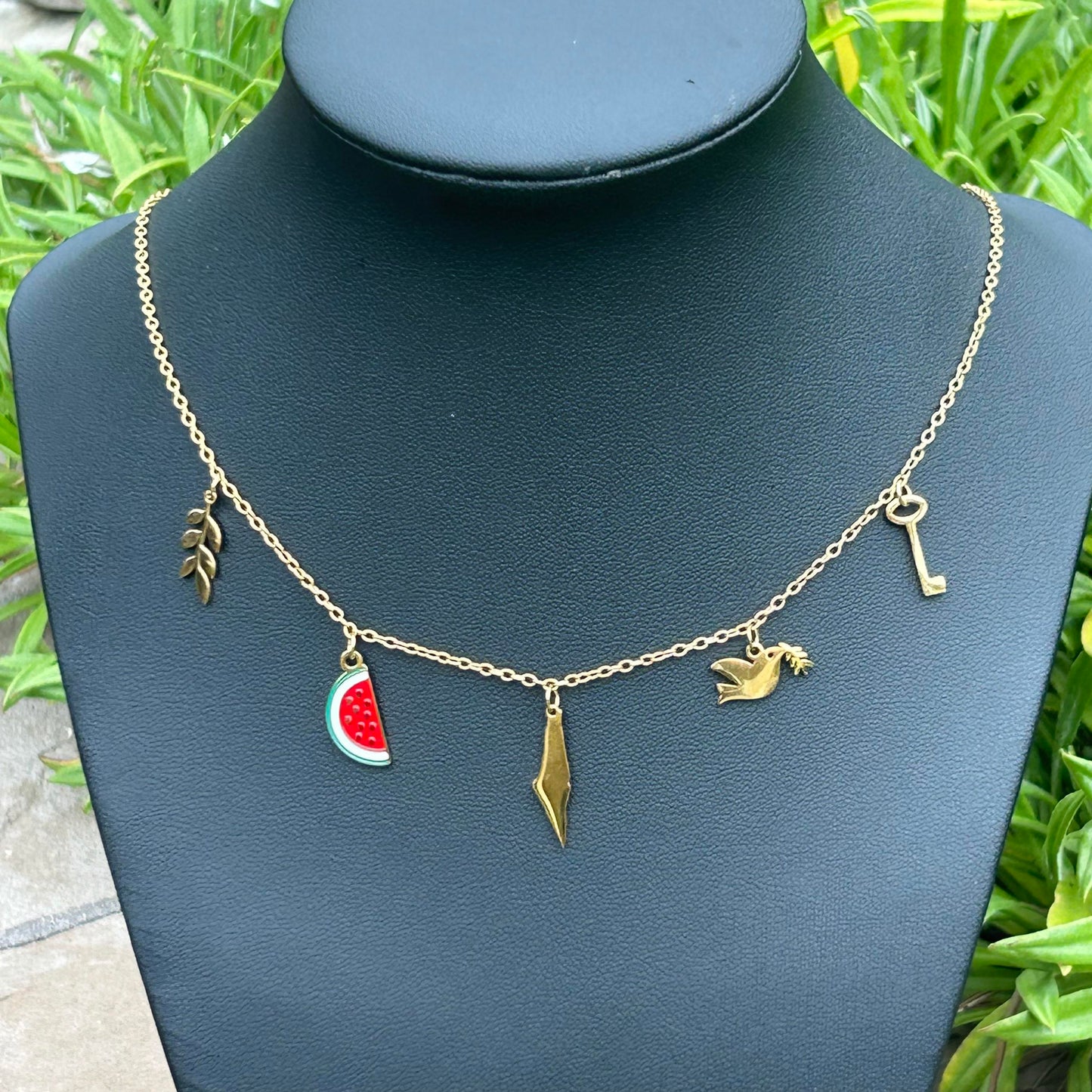 5 Charms of Palestine Necklace – Olive, Watermelon, Palestine Map, Dove and Return Key
