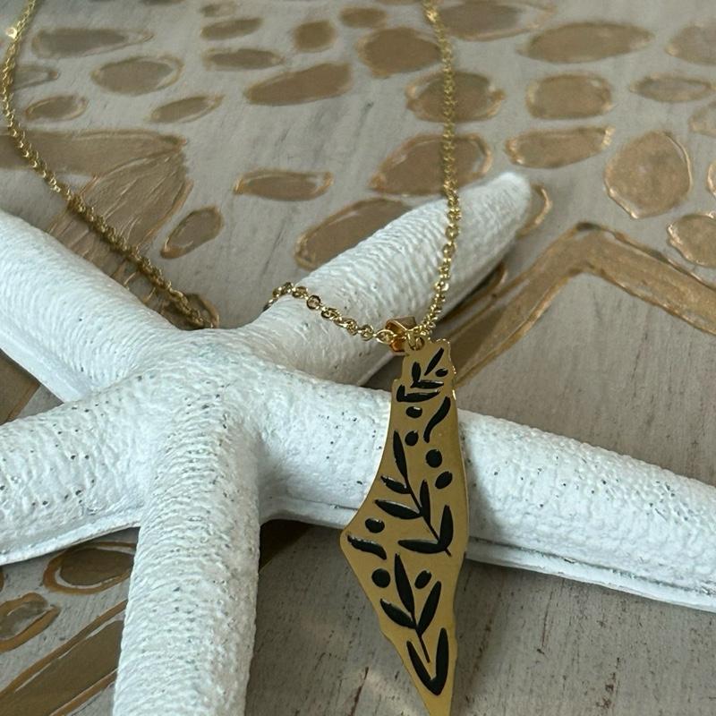 Palestine Map Necklace with Olive Branch Cutout