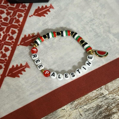 FREE PALESTINE Beaded Set Necklace & Bracelet with Flag Colors & Watermelon Charm
