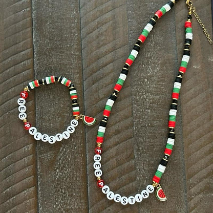 FREE PALESTINE Beaded Set Necklace & Bracelet with Flag Colors & Watermelon Charm