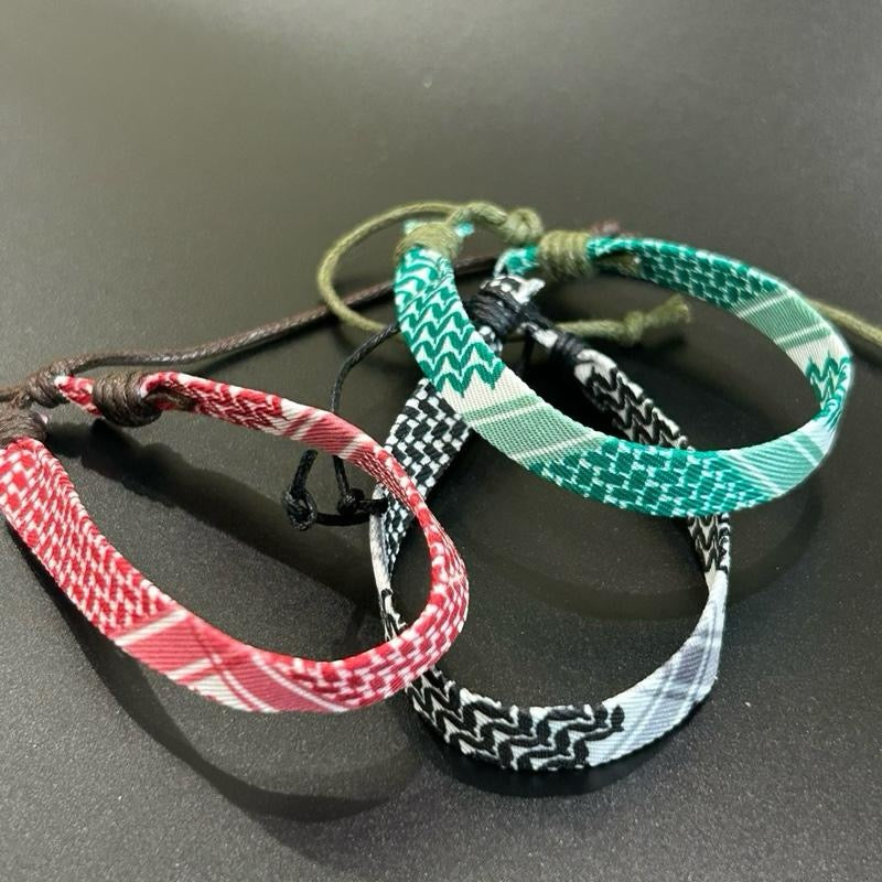 Keffiyeh Cord Bracelet - Adjustable Keffiyeh Bands in Red Black & Green Patterns.