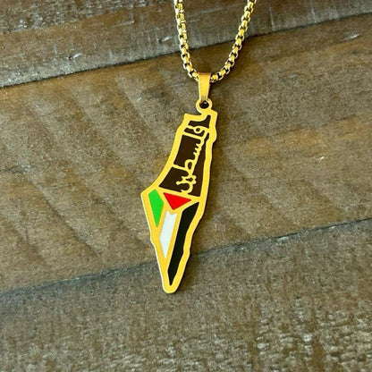 Palestine Map Necklace with Flag and Arabic Calligraphy Palestine فلسطين