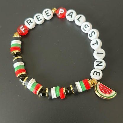 Free Palestine Beaded Bracelet with Palestinian Flag Colors & Watermelon Charm