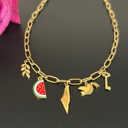 Palestine Paperclip Charm Chain Necklace with Olive Branch Watermelon Slice Map Dove & Key Charms