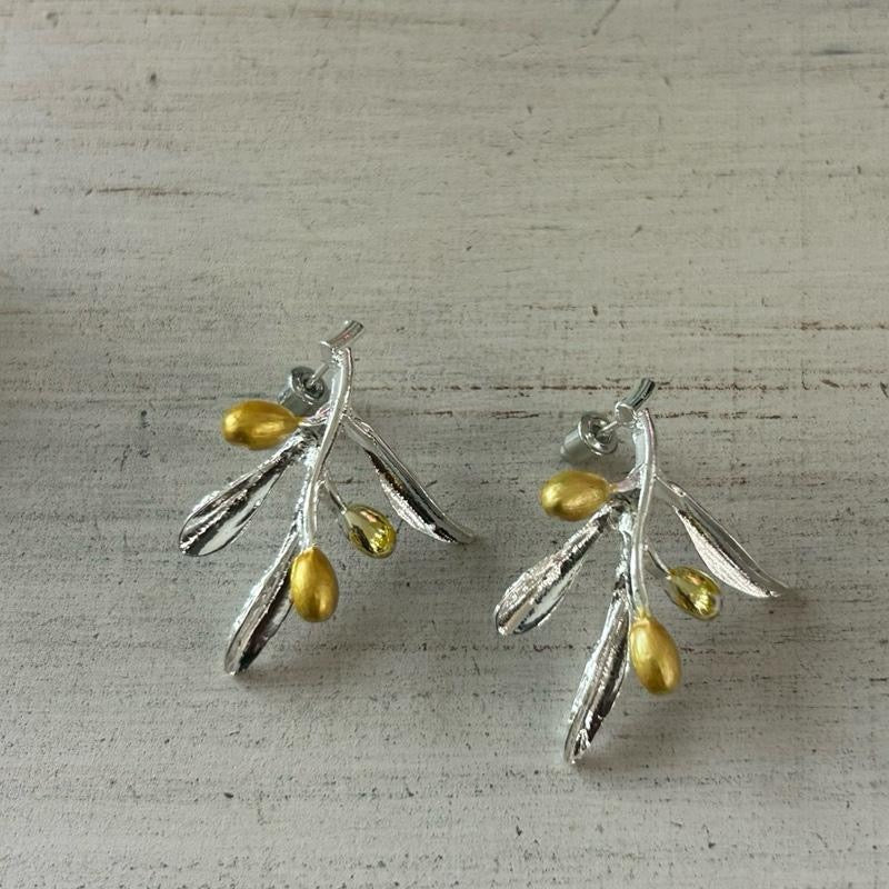 Olive Branch Earrings - Gold Accents and Silver Branch Design