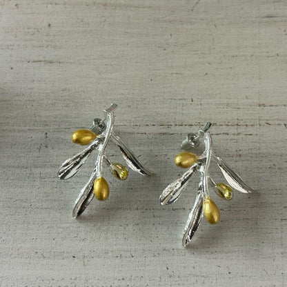 Olive Branch Earrings - Gold Accents and Silver Branch Design