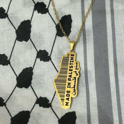 “Made in Palestine” Map Necklace – Barcode Pendant with Arabic Calligraphy