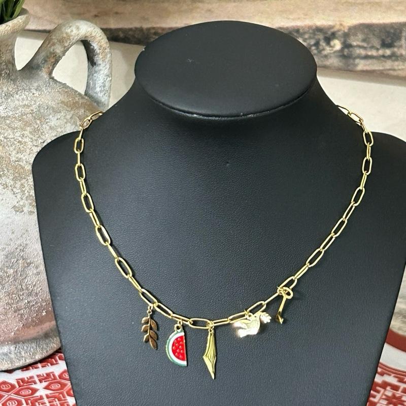 Palestine Paperclip Charm Chain Necklace with Olive Branch Watermelon Slice Map Dove & Key Charms