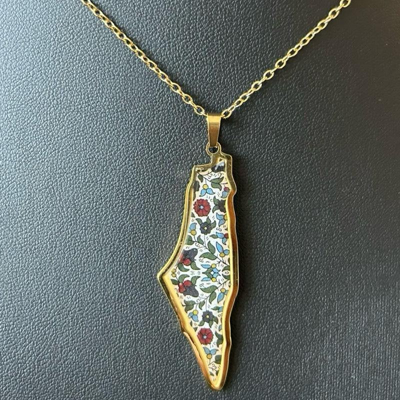 Palestine Map Necklace with Hebron Floral Pattern