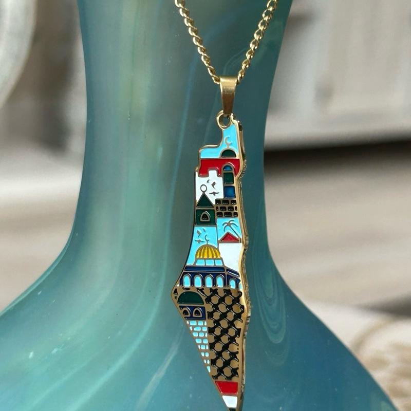 Colorful Palestine Map Necklace with Landmarks & Culture