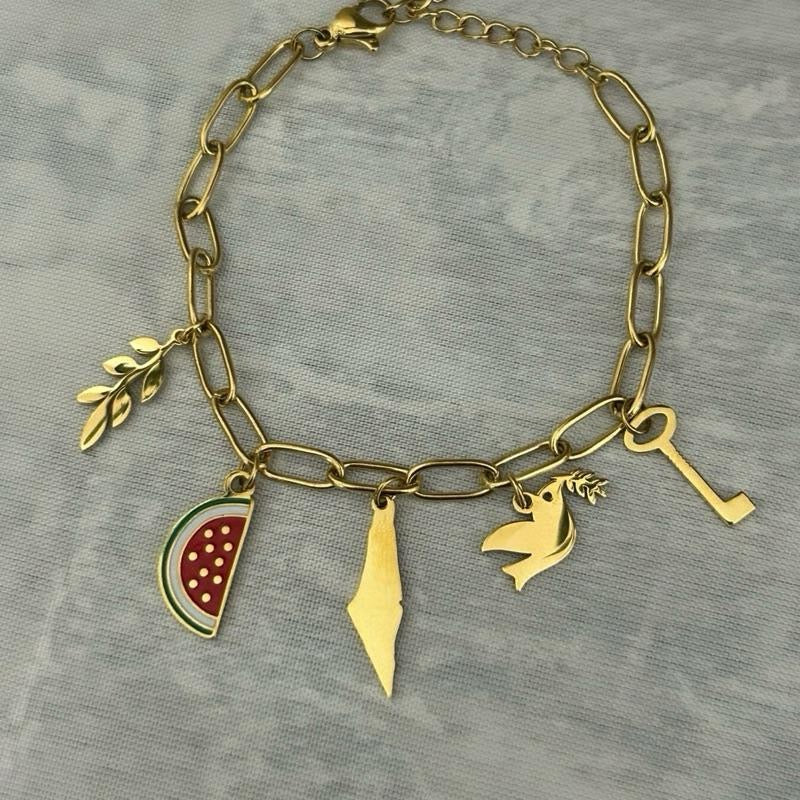 Palestinian Symbol 5 Charms Bracelet Adjustable with Olive Branch Watermelon Map Dove & Key of Return