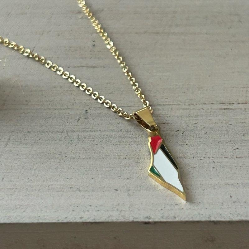 Palestine Map Draped in Flag Jewelry Set - Gold-Plated Necklace & Earrings with Red Green and White Colors