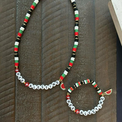 FREE PALESTINE Beaded Set Necklace & Bracelet with Flag Colors & Watermelon Charm