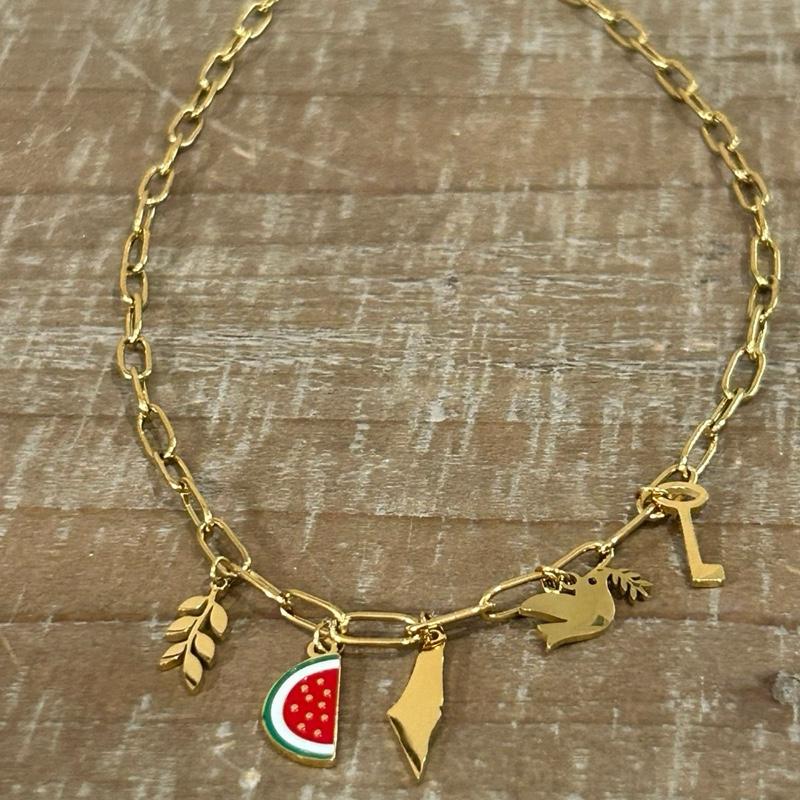 Palestine Paperclip Charm Chain Necklace with Olive Branch Watermelon Slice Map Dove & Key Charms