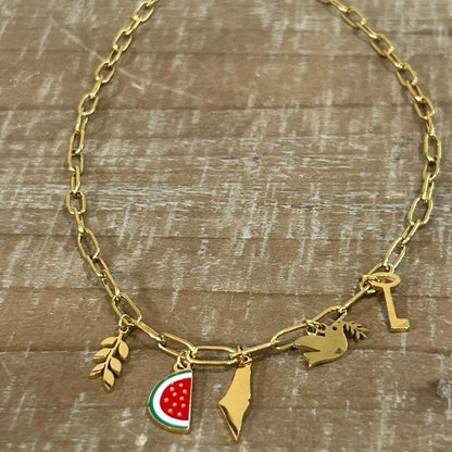 Palestine Paperclip Charm Chain Necklace with Olive Branch Watermelon Slice Map Dove & Key Charms
