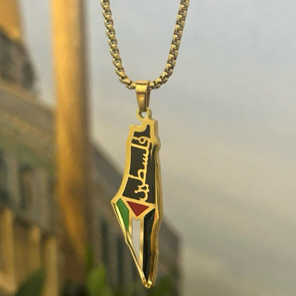 Palestine Map Necklace with Flag and Arabic Calligraphy Palestine فلسطين
