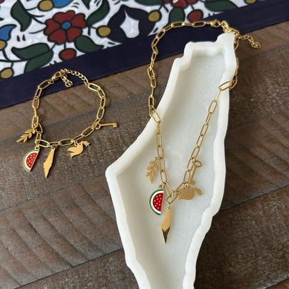 Palestinian Jewelry Set - Necklace & Bracelet with Map, Watermelon, Dove, Olive Branch & Key Charms