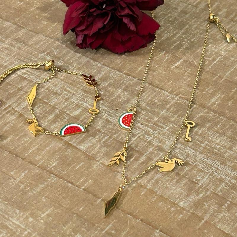 Palestine 5 Charms Necklace & Bracelet Map Watermelon Dove Olive Branch Key of Return Charms