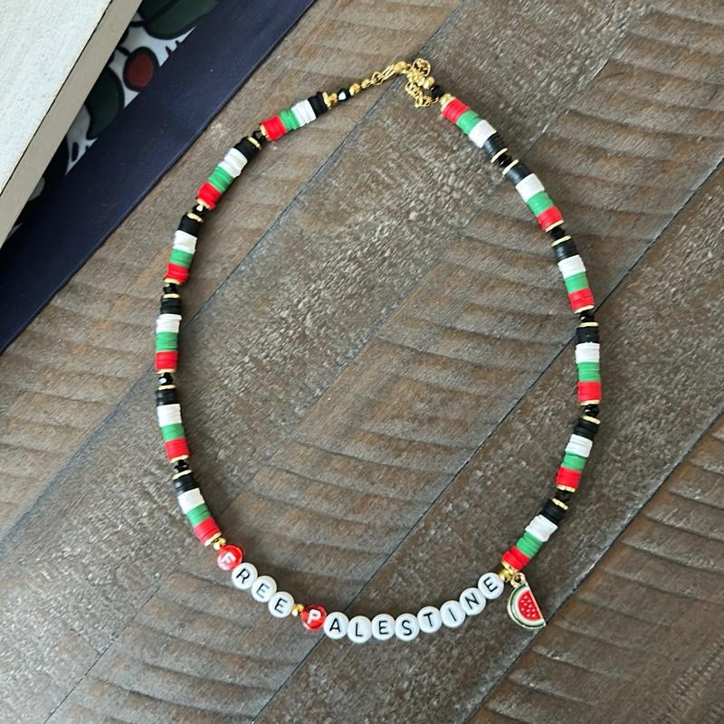 FREE PALESTINE Necklace for Women, Men and Girls – Beaded Jewelry in Palestine Flag Colors with Watermelon Charm