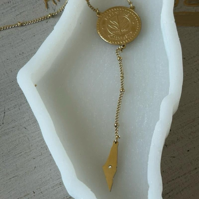 Gold Plated Palestine Coin Y Necklace with Map Charm – Palestinian Necklace, Heritage Jewelry, Cultural Gift