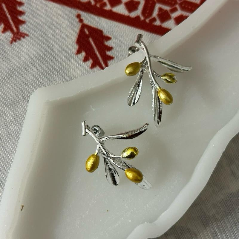 Olive Branch Earrings - Gold Accents and Silver Branch Design