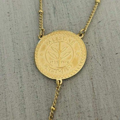 Gold Plated Palestine Coin Y Necklace with Map Charm – Palestinian Necklace, Heritage Jewelry, Cultural Gift