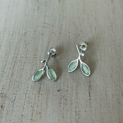 Olive Branch Stud Earrings Silver-Tone Green Leaf