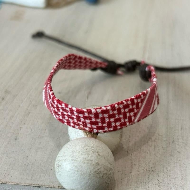 Keffiyeh Cord Bracelet - Adjustable Keffiyeh Bands in Red Black & Green Patterns.