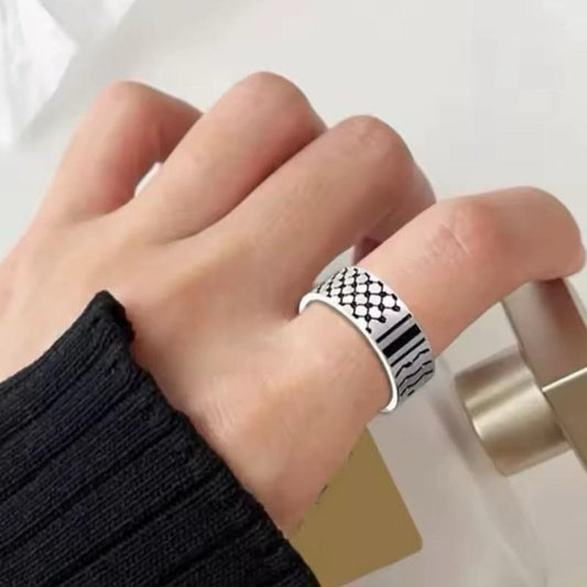 Palestinian Kufiya Pattern Adjustable Ring – Silver Engraved Keffiyeh Band