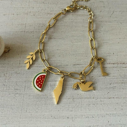 Palestinian Symbol 5 Charms Bracelet Adjustable with Olive Branch Watermelon Map Dove & Key of Return