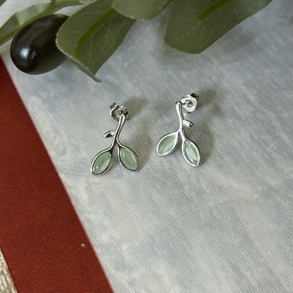 Olive Branch Stud Earrings Silver-Tone Green Leaf