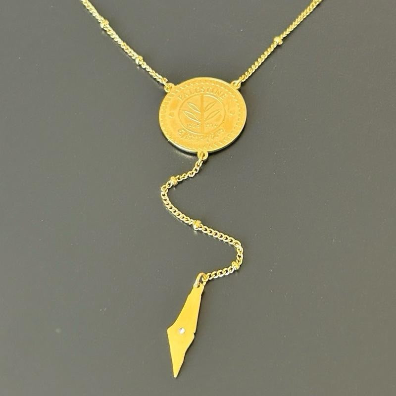 Gold Plated Palestine Coin Y Necklace with Map Charm – Palestinian Necklace, Heritage Jewelry, Cultural Gift